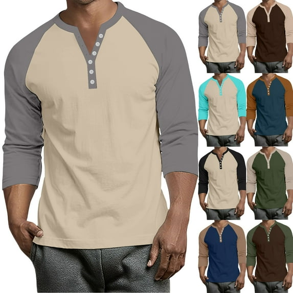 Men's Casual Long Sleeve Button Down Contrast Raglan 3/4 Sleeve Print Henley Top for Spring Fall Street Style,Khaki,S