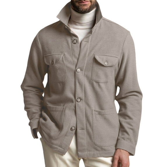 Men's Casual Long-Sleeve Button-Down Shirt Jacket (Shacket) with Flap Pockets, Khaki, Size XXXL