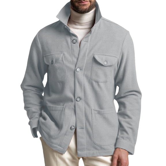 Men's Casual Long-Sleeve Button-Down Shirt Jacket (Shacket) with Flap Pockets, Light Gray, Size XL