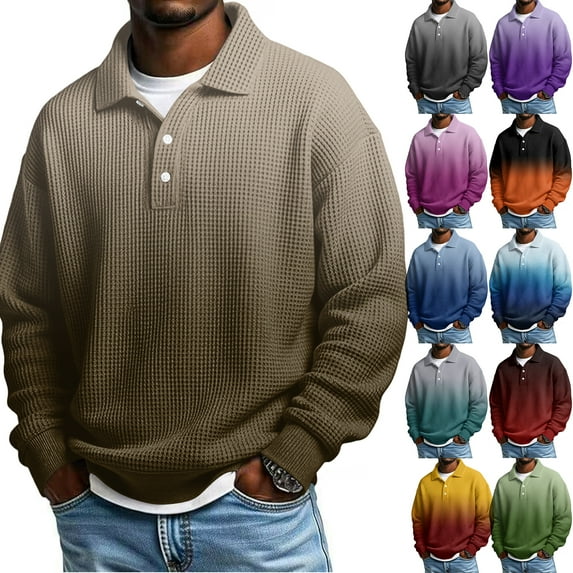 Men's Casual Long Sleeve Button Down Shirt V Neck Stand Collar Gradient Plaid Print for Spring Fall Golf Wear,Black,L