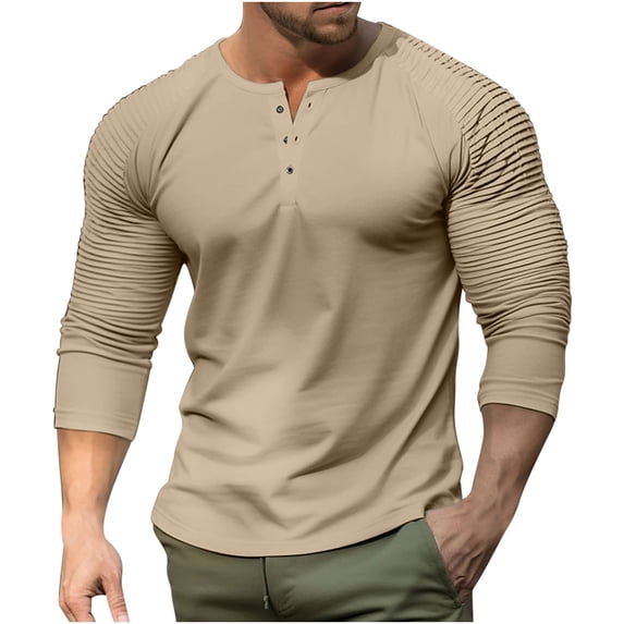 Men's Casual Long Sleeve Buttons Crewneck Tops Pleated Pullover Shirts Slim Muscle Solid Color Blouses Khaki,3XL