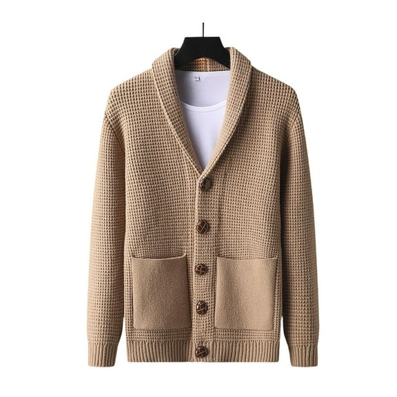 Men's Casual Long Sleeve Cardigan Sweater Shawl Collar Button Down Cable Knit Sweaters with Pockets