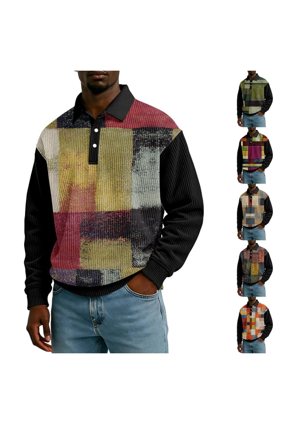 Men's Casual Long Sleeve Color Block Button Down Collar Loose Fit Top for Spring Fall Street Style,Green,L