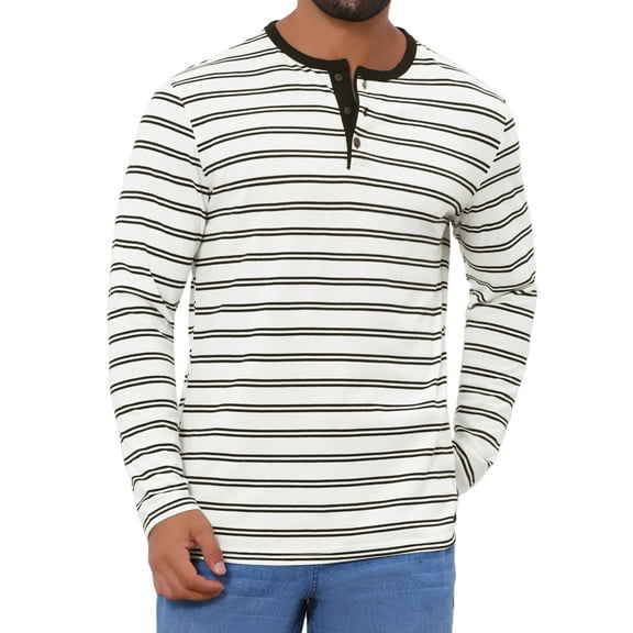 Men's Casual Long Sleeve Contrasting Colors Striped Henley T-Shirts L White