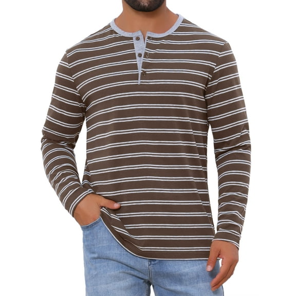 Men's Casual Long Sleeve Contrasting Colors Striped Henley T-Shirts M Dark Brown