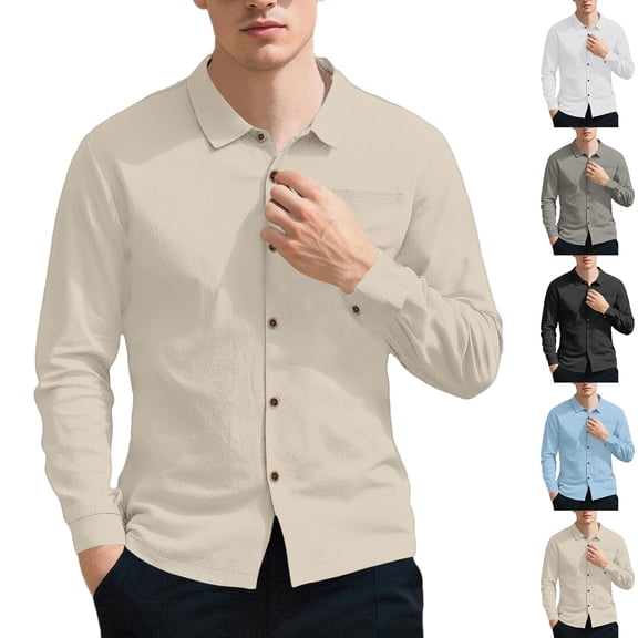 Men's Casual Long Sleeve Cotton Linen Shirt Spread Collar Lightweight Breathable for Spring Fall Outdoor Wear,Black,XL