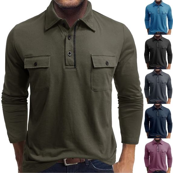 Men's Casual Long Sleeve Cotton Solid Color Polo Shirt Turn Collar Pocket for Spring Fall Outdoor Wear,Blue,XL