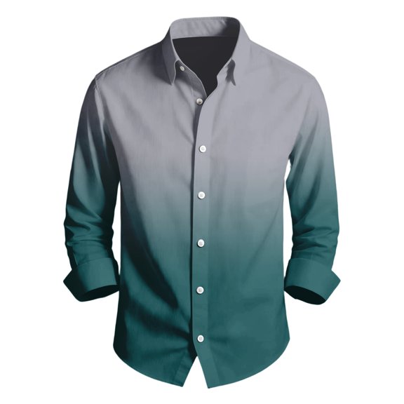 Men's Casual Long Sleeve Gradient Print Button Shirt, Lapel Four-Way Stretch Fabric, Modern Color Blend Design, Comfortable Fit, Breathable Material, Stylish Wear,Cyan,XL