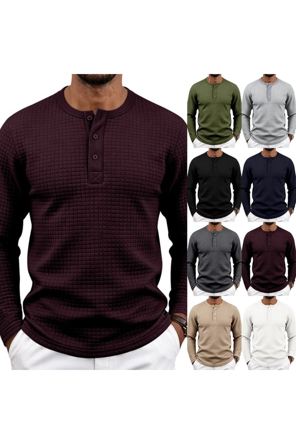 Men's Casual Long Sleeve Henley T-Shirts Waffle Knit Button Pullover Sweater Tops Fall Trendy Soft Tees Daily Outdoor,XXL,Wine