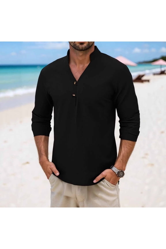 Men's Casual Long Sleeve Linen Blend Half Zip Pullover Shirt with Lapel Collar