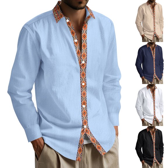 Men's Casual Long Sleeve Linen Shirt Bohemian Loose Lapel Cardigan for Spring Fall Relaxed Wear,Black,L