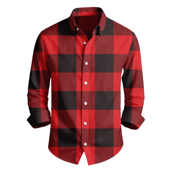 Men's Casual Long Sleeve Plaid Print Button Shirt, Lapel Four-Way Stretch Fabric, Classic Check Design, Comfortable Fit, Breathable Material, Versatile Style,Red,L