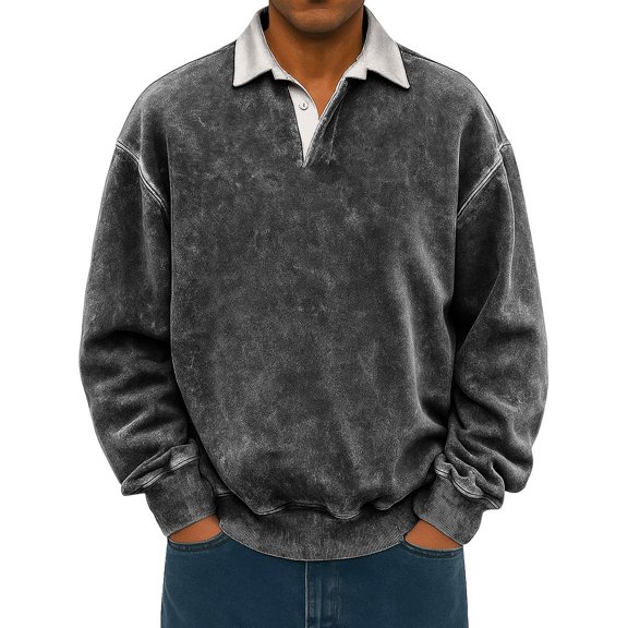 Men's Casual Long Sleeve Polo Shirts Trendy Fall Ribbed Button Lapel Solid Color Plain T Shirt Basic Lightweight Golf Tops, Dark Gray L