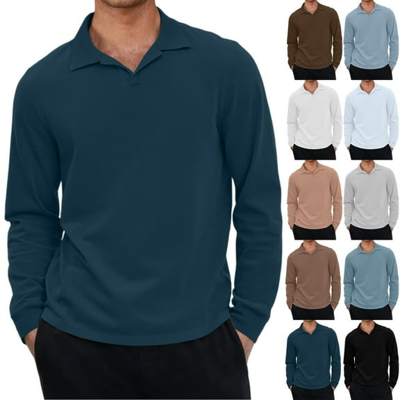 Men's Casual Long Sleeve Retro Small V Neck Solid Color Top for Spring Fall Timeless Wear,Light Blue,S