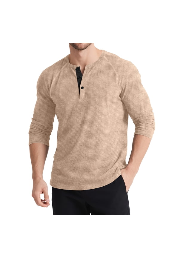 Men's Casual Long Sleeve Shirt with 3 Buttons, Knit T-Shirt in Solid Color Block, Comfortable Pullover Top for Daily Wear, Retro Design for Various Occasions