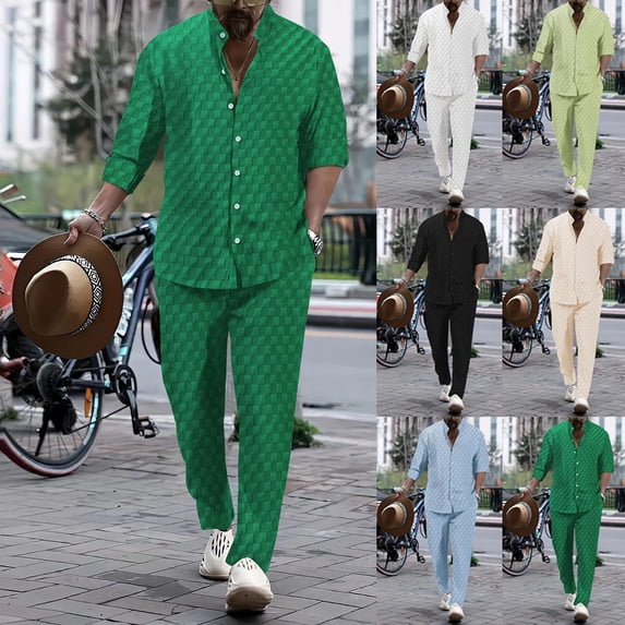 Men's Casual Long Sleeve Shirt and Pants Suit Set Solid Color Turndown Collar Button Down Top with Straight Leg Trousers Business Casual Work Office Travel Outfits | AESTIVO,Mint Green XL