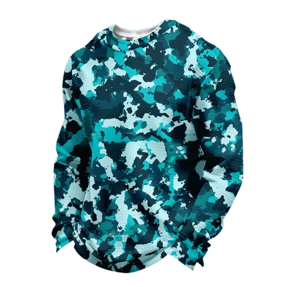 Men's Casual Long Sleeve Speckled Print Round Neck Top, Waffle Texture Fabric, Unique Pattern Design, Comfortable Fit, Breathable Material, Everyday Casual Wear,Cyan,M