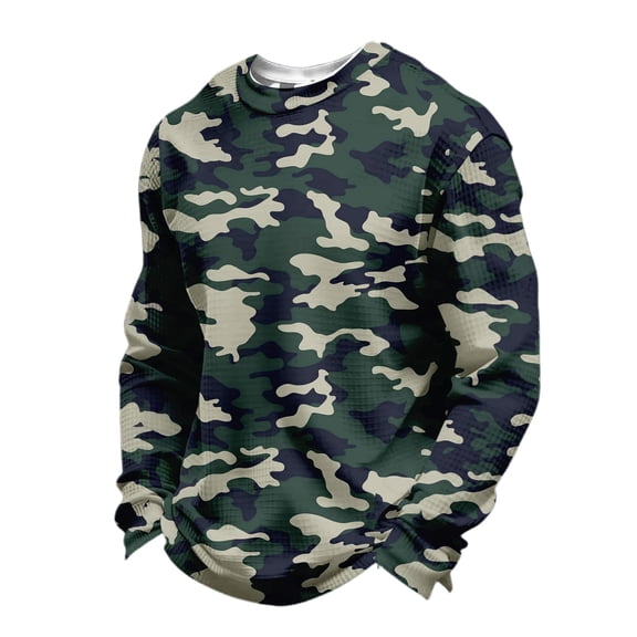 Men's Casual Long Sleeve Speckled Print Round Neck Top, Waffle Texture Fabric, Unique Pattern Design, Comfortable Fit, Breathable Material, Everyday Casual Wear,Dark Green,M
