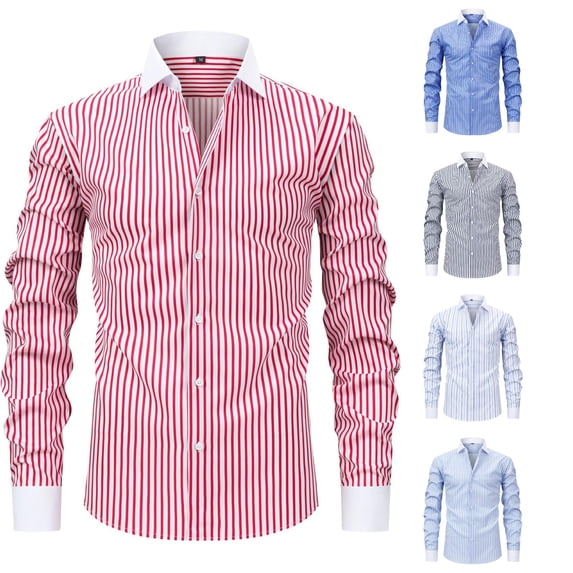 Men's Casual Long Sleeve Striped Dress Shirt Slim Fit Button Down for Everyday Business Daily Wear Stretch Men's Shirt Pink XXL