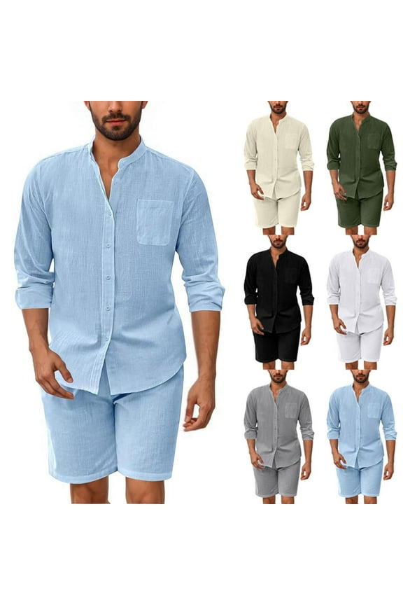 Men's Casual Long Sleeve Turndown Collar Shirt and Pants Suit Set Modern Solid Color Business Casual Work Office Travel Outfits 2 Piece Outfit | AESTIVO,White 2XL