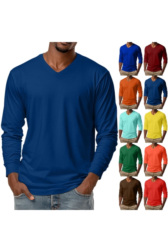 Men's Casual Long Sleeve V Neck Solid Color T-Shirt Top for Spring Fall Minimalist Style,Brown,L