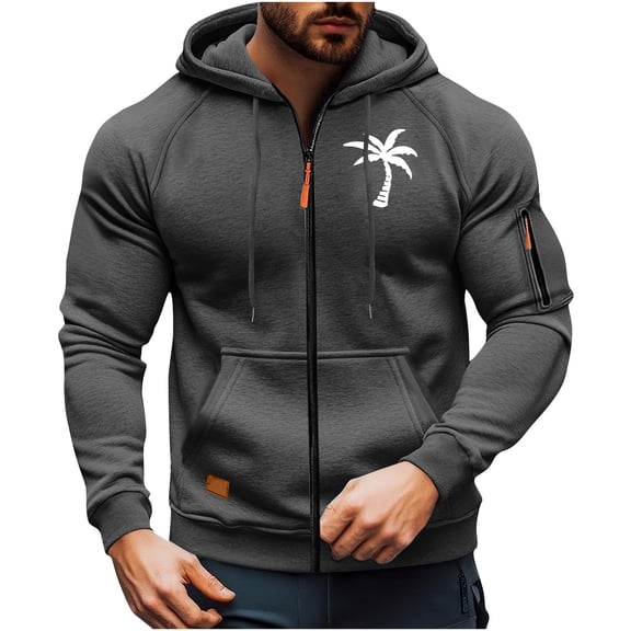 Men's Casual Long-Sleeve Zip-Up Hoodie Jacket with Coconut Tree Print, Dark Gray, Size L