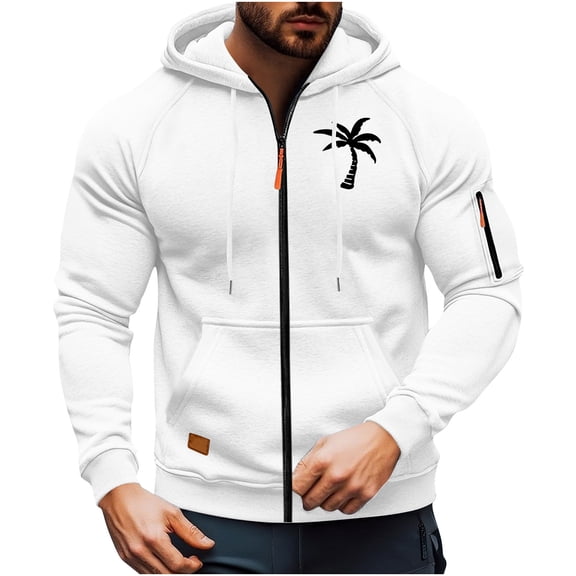 Men's Casual Long-Sleeve Zip-Up Hoodie Jacket with Coconut Tree Print, White, Size M