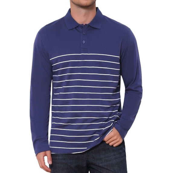 INSPIRE CHIC Men's Casual Long Sleeves Contrast Striped Golf Polo T-Shirts 2XL Navy Blue