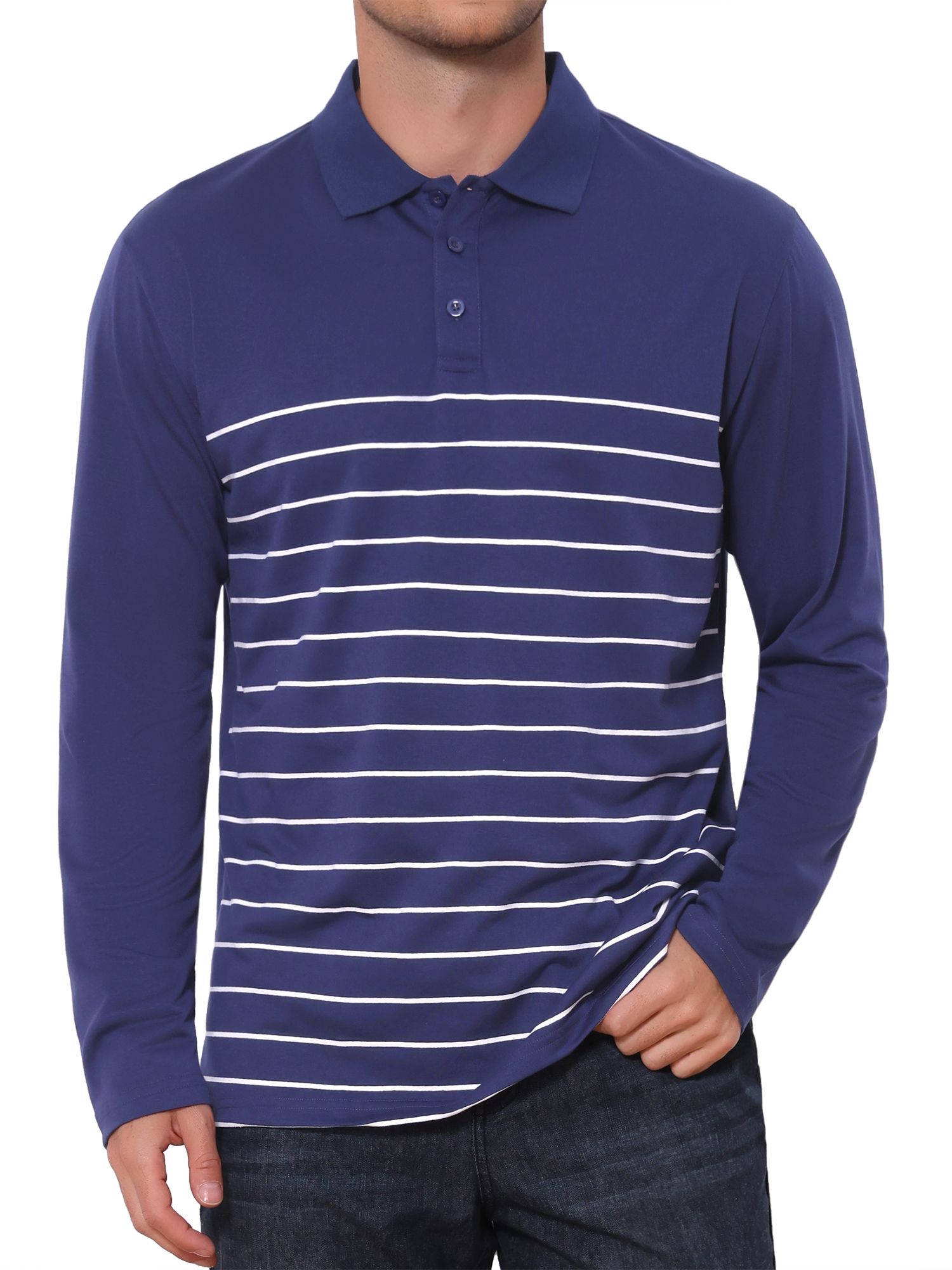 INSPIRE CHIC Men's Casual Long Sleeves Contrast Striped Golf Polo T-Shirts M Navy Blue