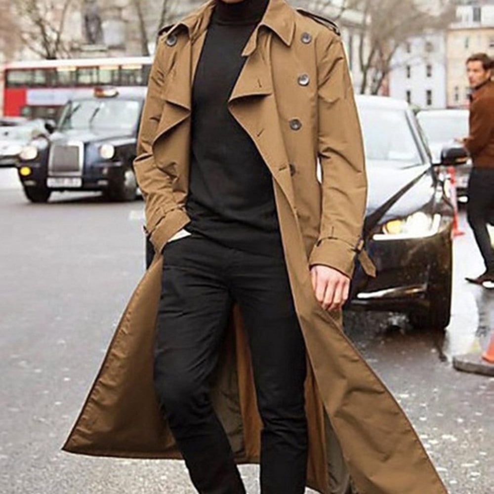 Men's Casual Long Trench Coat Classic Lapel Long Sleeve Jacket for