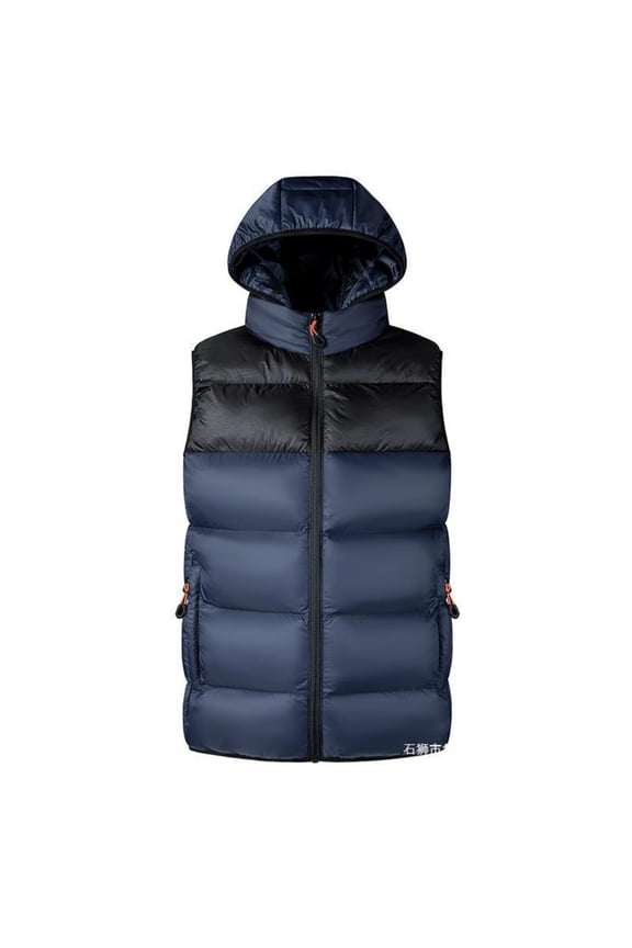 Men's Casual Loose Colorblock Cotton-padded Warm Vest - Reversible with Detachable Hood, Dark Blue, Size L