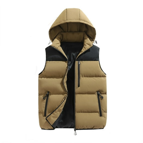 Men's Casual Loose Colorblock Cotton-padded Warm Vest with Detachable Hood, Coffee Brown, Size XXL