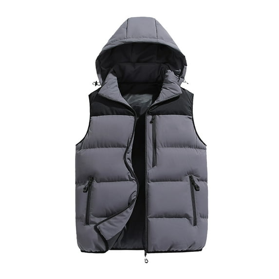 Men's Casual Loose Colorblock Cotton-padded Warm Vest with Detachable Hood, Gray, Size XXXXL