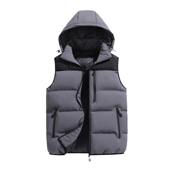 Men's Casual Loose Colorblock Cotton-padded Warm Vest with Detachable Hood, Gray, Size XXXXL