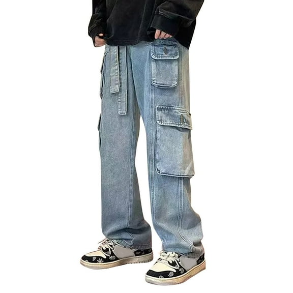 Men's Casual Loose Fit Cargo Denim Jeans Streetwear Hop Pants with Multiple Pockets for Daily Wear
