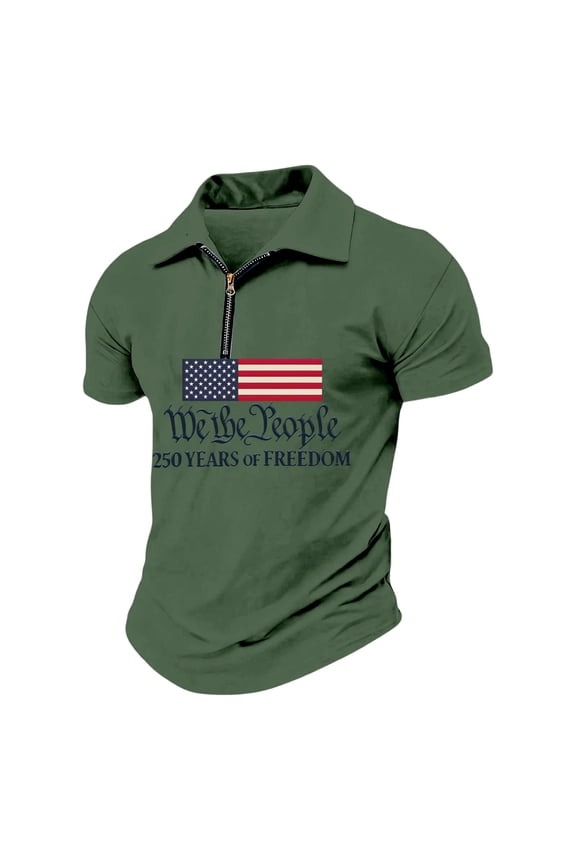 Men's Casual Loose Fit Collarless Short Sleeve Top with We The People Flag Letter Print Summer Fashion Tee Shirt Street,Army Green,L