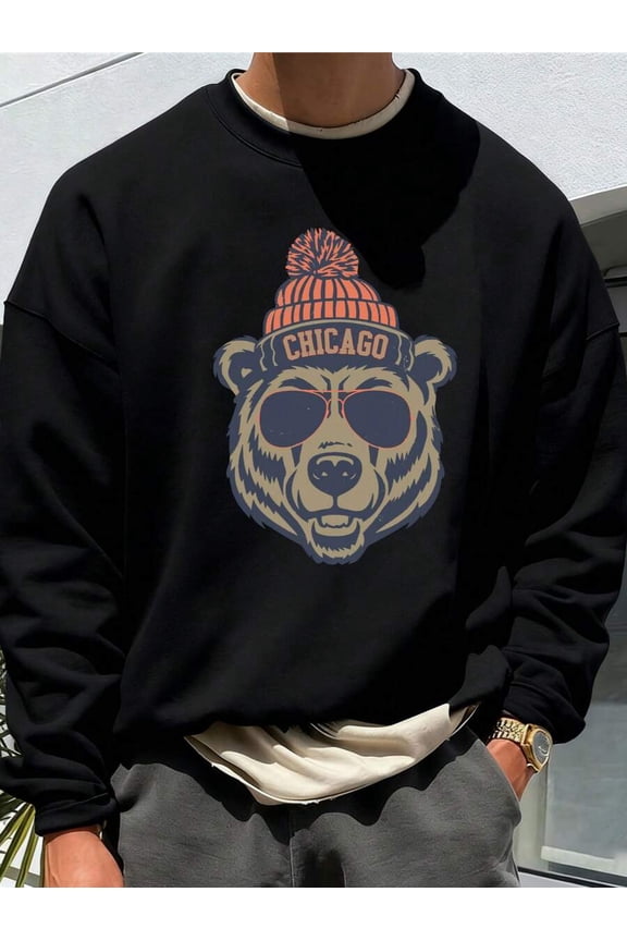 Men's Casual Loose Fit Crew Neck Sweatshirt With Bear Head Graphic Print, Chicago-Inspired Design
