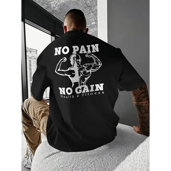 Men's Casual Loose-Fit Graphic Tee - "No Pain No Gain" Fitness Print, Round Neck Short Sleeve T-Shirt, Black with White Muscular Arm Design, Lightweight Polyester for Summer Workouts