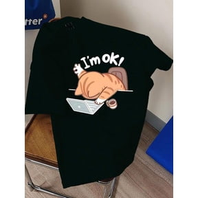 Men's Casual Loose Fit “I'm ok” Letter & Cartoon Cat Print Round Neck Short Sleeve T-Shirt