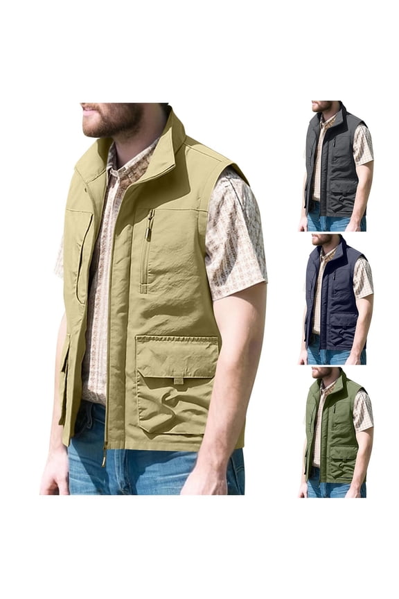 Men's Casual Loose Fit Multi-Pocket Utility Tank Top Stand Collar Zipper Vest for Hiking Fishing Outdoor Emergency Volunteer Work Travel | AESTIVO,Army Green L