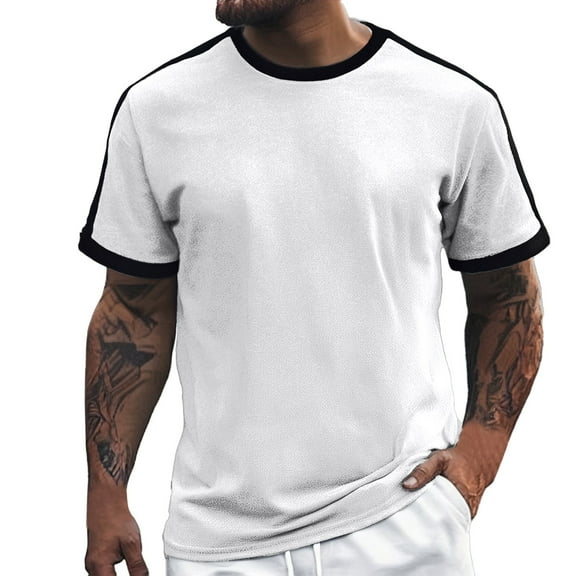 Men's Casual Loose Fit Striped Color Block T Shirt Comfortable Round Neck Short Sleeve Top Trendy Business Style Soft Breathable Tee Mens T-Shirts Solid Color Sleeve Casual Crew Neck Basic Tees