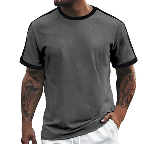 Men's Casual Loose Fit Striped Color Block T Shirt Comfortable Round Neck Short Sleeve Trendy Business Style European Design Mens Basic Tee Shirts Summer Classic T-Shirts