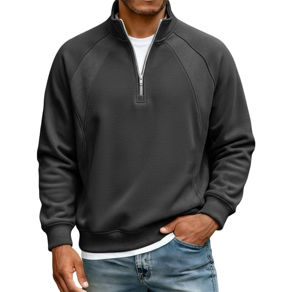 Men's Casual Loose Fit Sweatshirt with Raglan Stitching and Stand Collar Zipper, Relaxed Pullover for Everyday Wear and Outdoor Activities,Black,XL