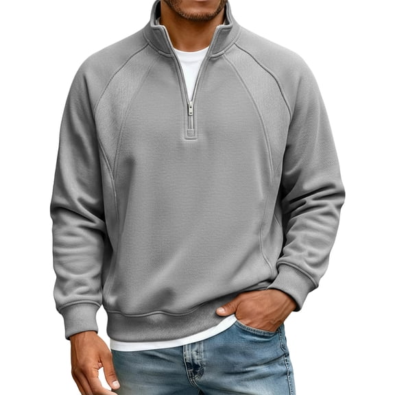 Men's Casual Loose Fit Sweatshirt with Raglan Stitching and Stand Collar Zipper, Relaxed Pullover for Everyday Wear and Outdoor Activities,Gray,S