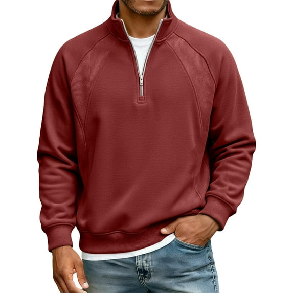 Men's Casual Loose Fit Sweatshirt with Raglan Stitching and Stand Collar Zipper, Relaxed Pullover for Everyday Wear and Outdoor Activities,Red,2XL