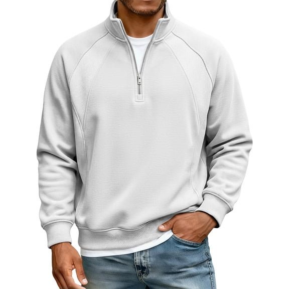 Men's Casual Loose Fit Sweatshirt with Raglan Stitching and Stand Collar Zipper, Relaxed Pullover for Everyday Wear and Outdoor Activities,White,S