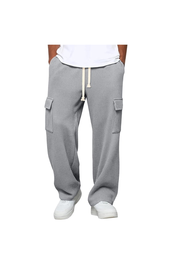 Men’s Casual Loose Fit Waffle Knit Cargo Pants with Drawstring Waist and Multiple Pockets for Everyday Wear Gray M