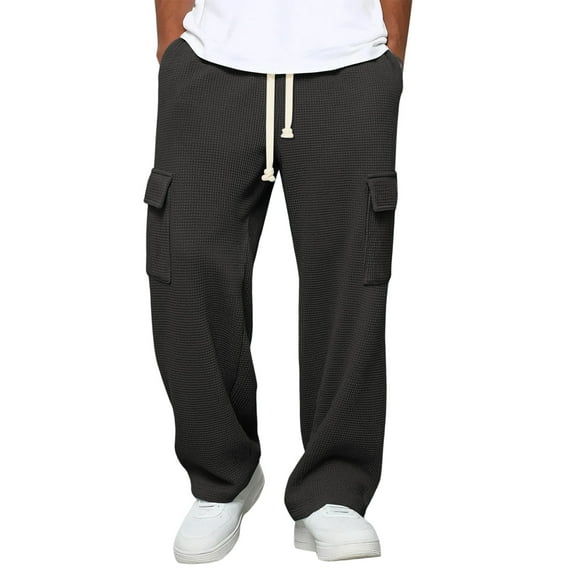 Men’s Casual Loose Fit Waffle Knit Cargo Pants with Drawstring Waist and Multiple Pockets for Everyday Wear