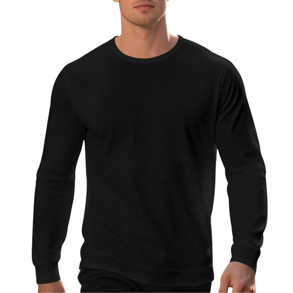 Men's Casual Loose-Fit Waffle Weave Long Sleeve Round Neck Solid Color Fashionable T-Shirt Top for Sports, Streetwear, and Everyday Comfort,Black,L