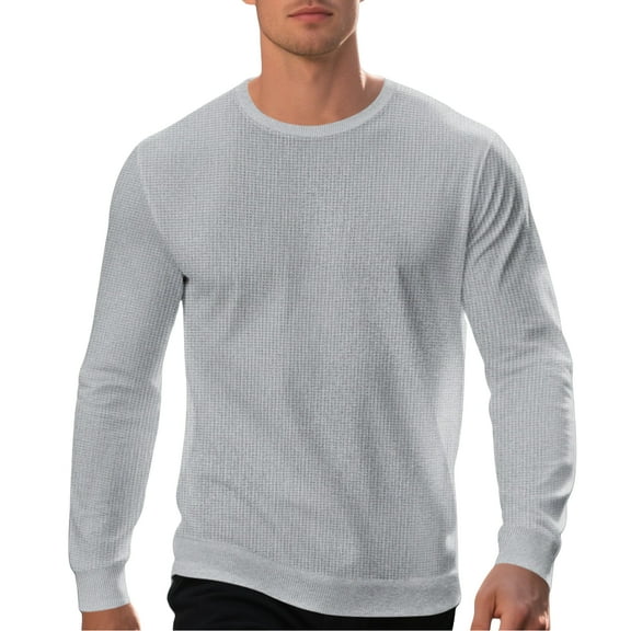 Men's Casual Loose-Fit Waffle Weave Long Sleeve Round Neck Solid Color Fashionable T-Shirt Top for Sports, Streetwear, and Everyday Comfort,Gray,XL